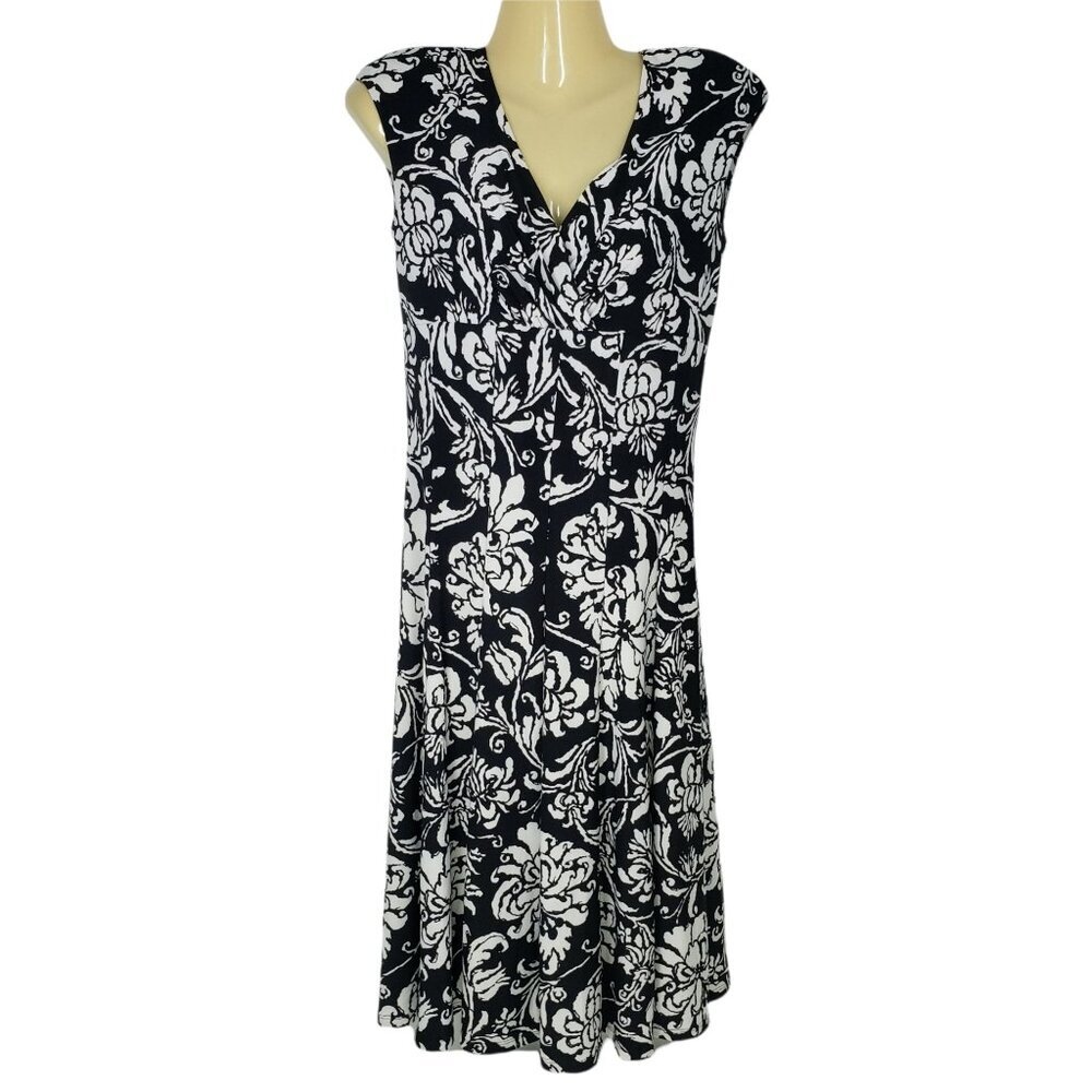 American Living Dress Women 2 Black White Floral Faux Wrap V-Neck Knee Length